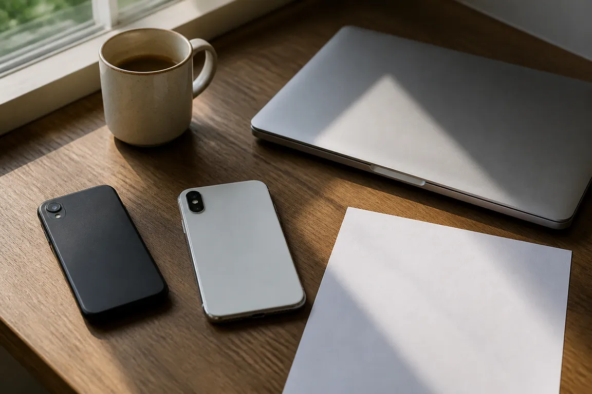 Two face-down phones, a closed laptop, and blank paper on a desk