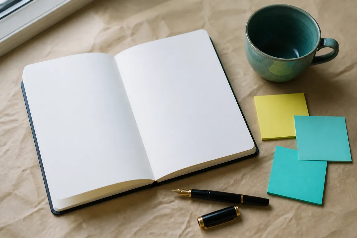Blank notebook, pen, and sticky notes on a wooden desk