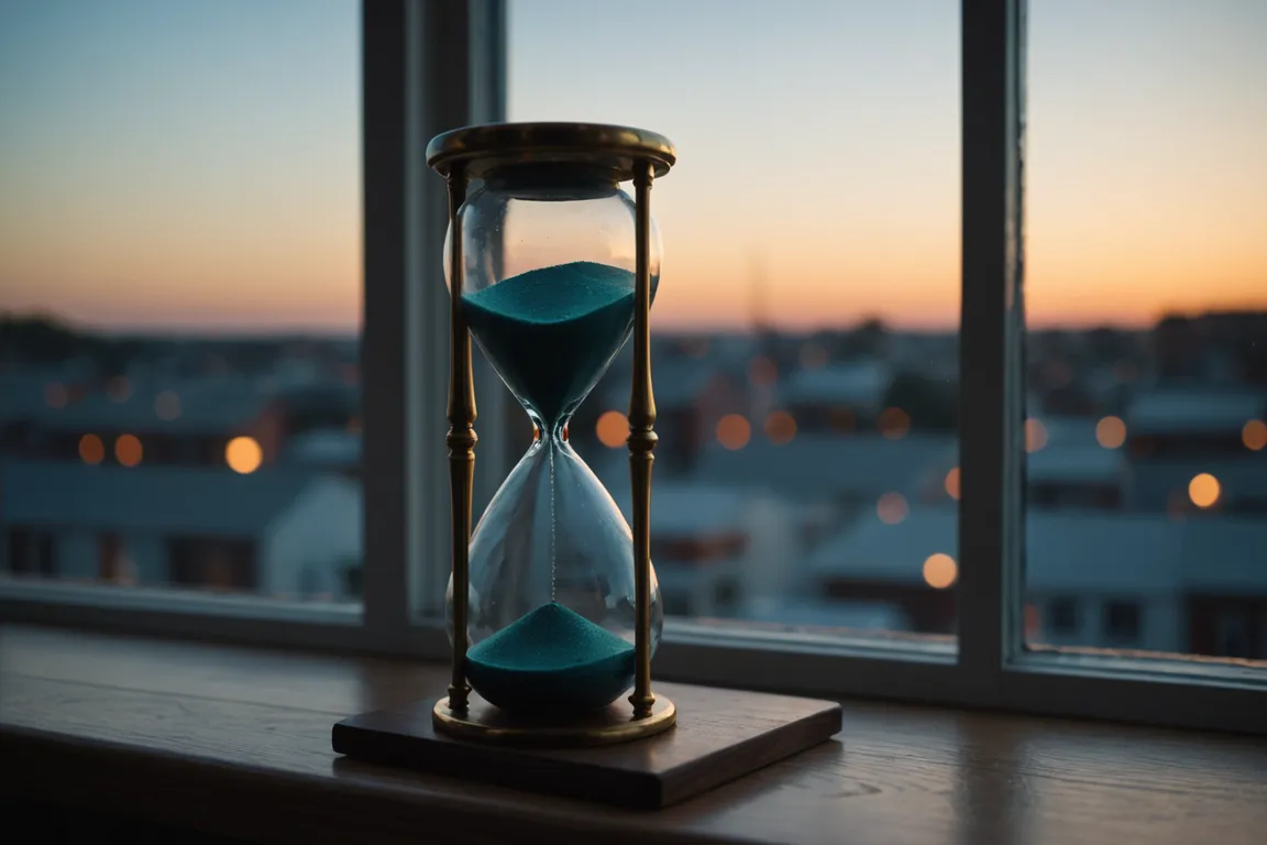 Hourglass with teal sand on a windowsill at dusk, representing timing posts around when your audience clicks