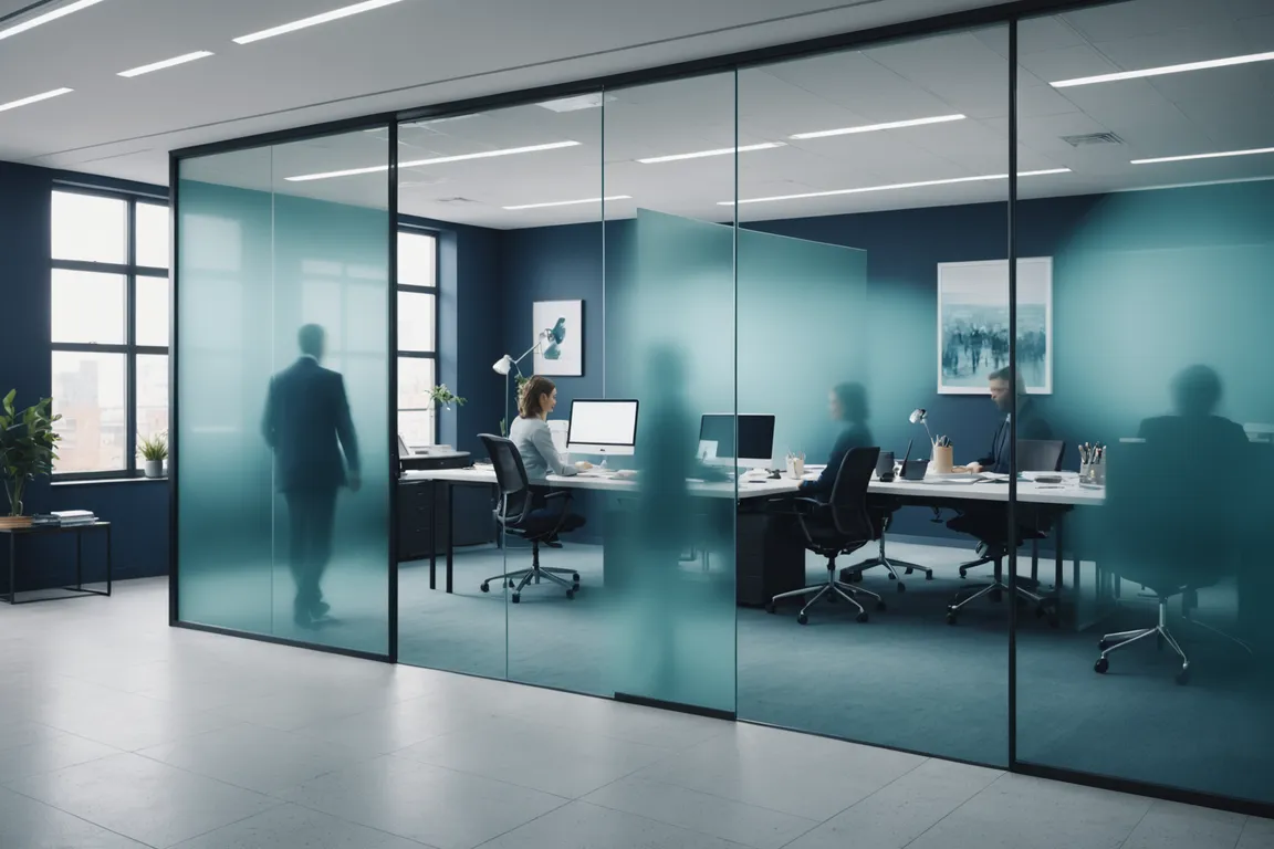 Office behind frosted glass with blurred figures, representing aggregate, privacy-first analytics