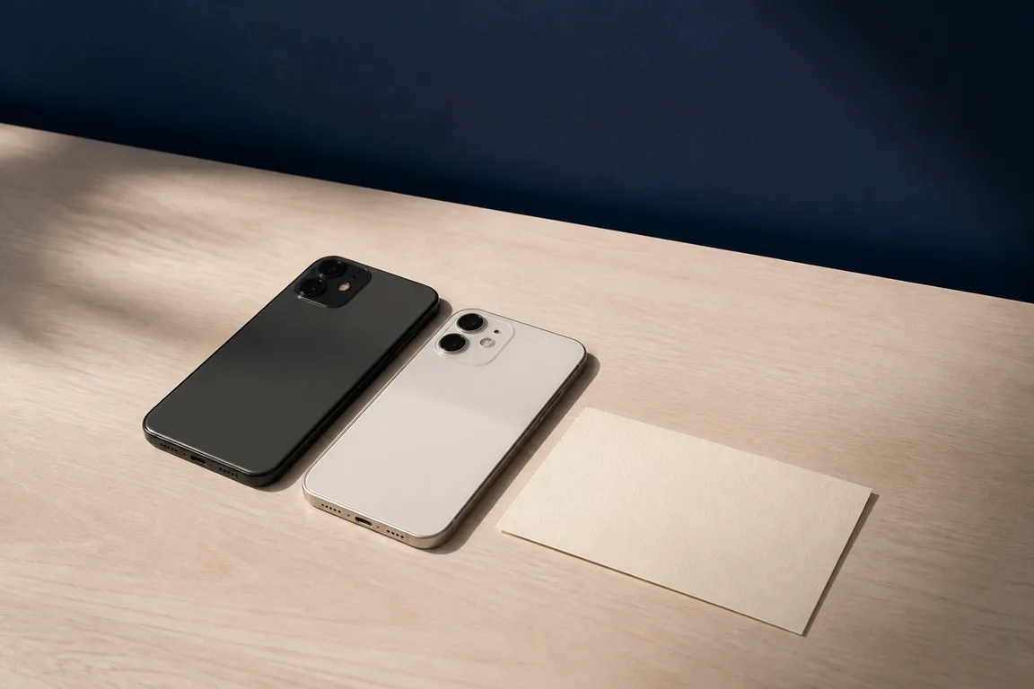 Two face-down phones and a blank card on a wooden surface