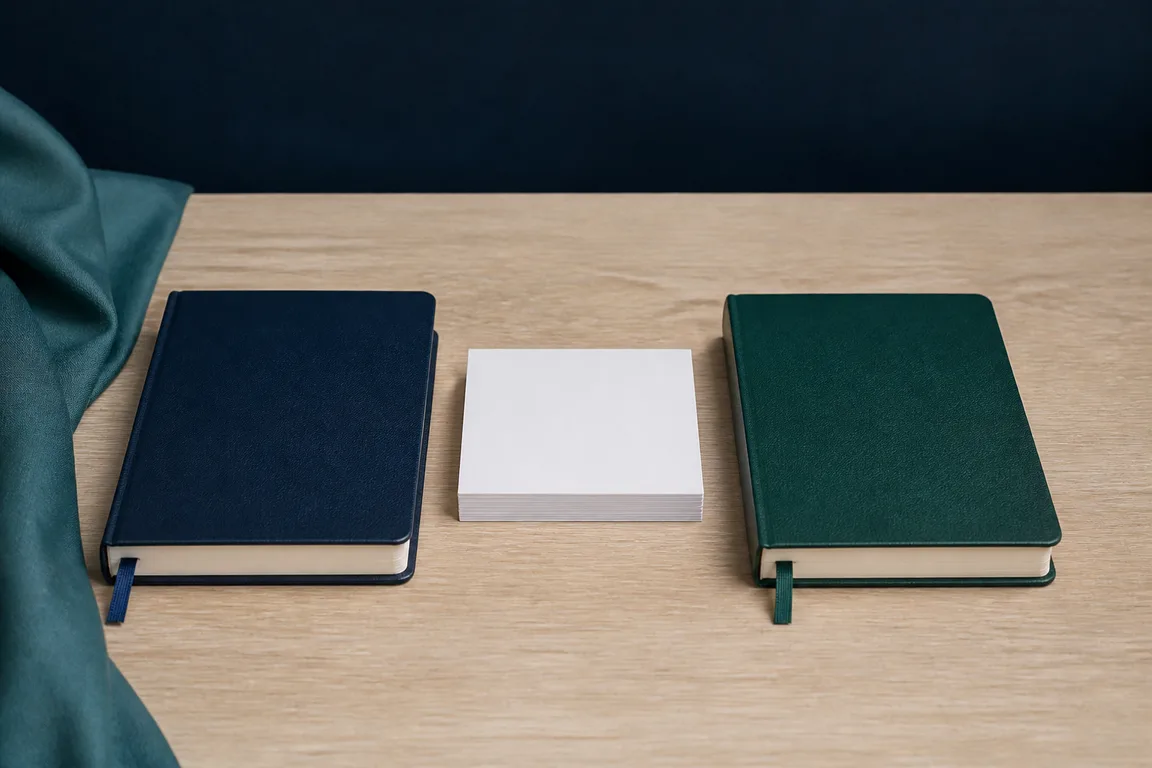 Two closed notebooks and blank index cards on a wooden surface