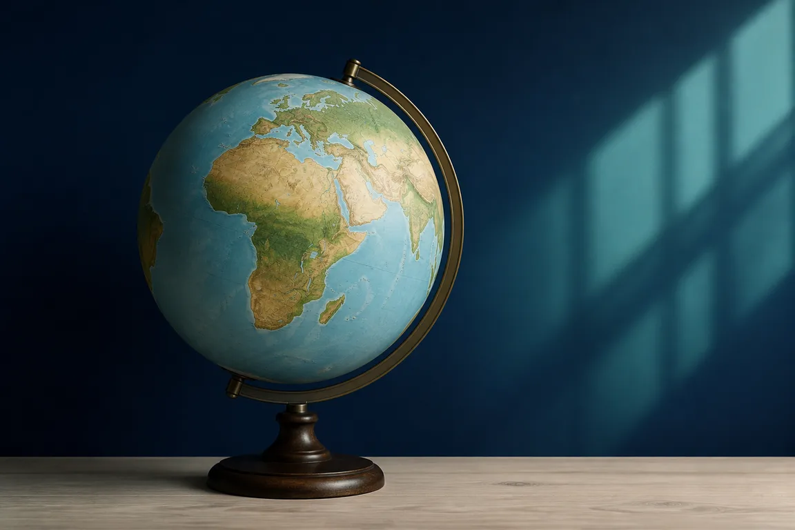 Unlabeled desktop globe on a wooden surface