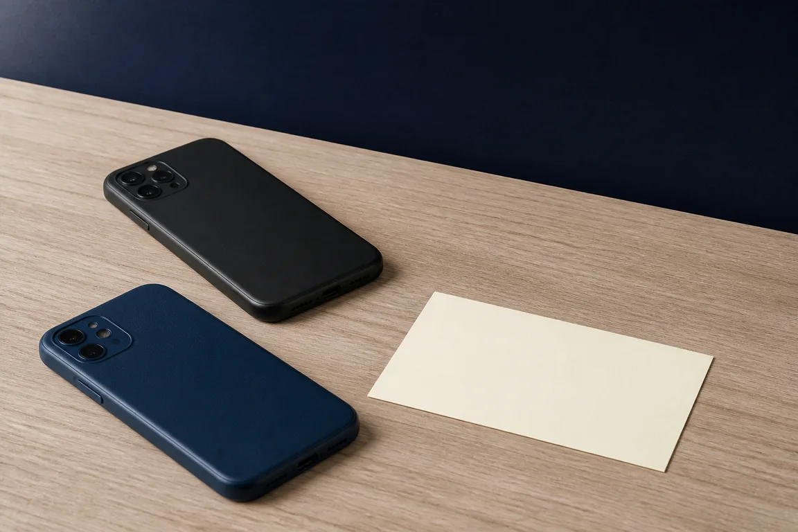 Two face-down phones and a blank card on a wooden surface