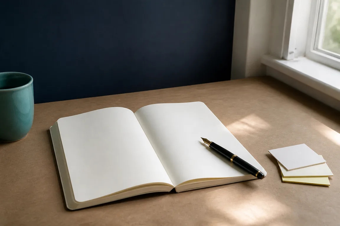 Open notebook, pen, and blank sticky notes on kraft paper