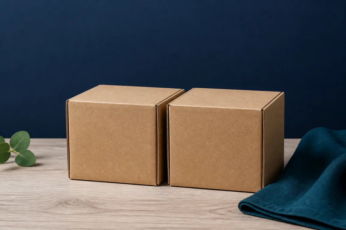 Two unlabeled kraft boxes side by side on a wooden surface