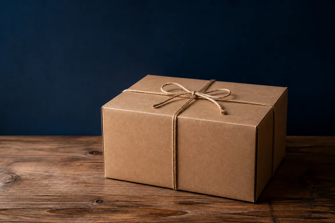Closed kraft box tied with twine on a wooden surface