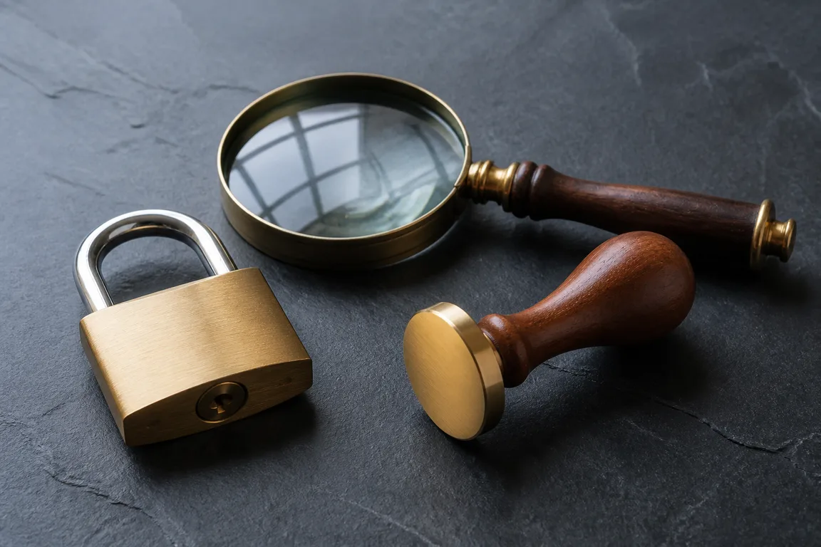 Padlock, magnifying glass, and blank stamp on slate