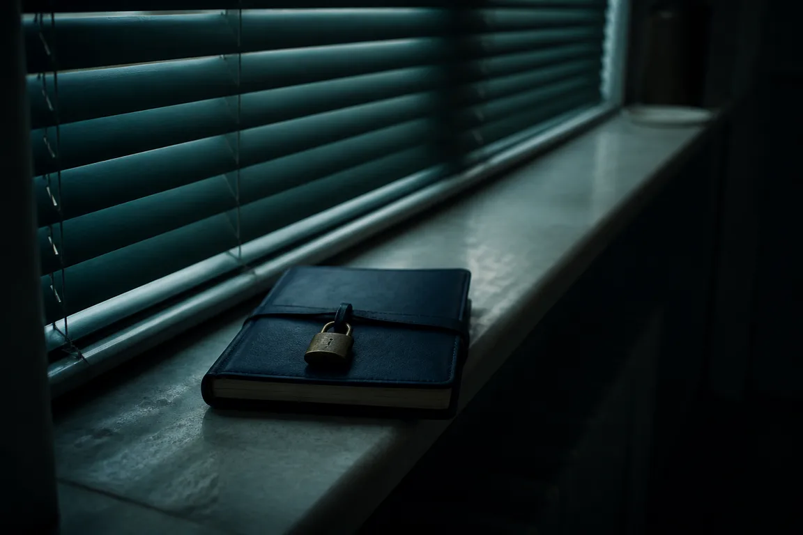 Locked navy journal on a dim windowsill
