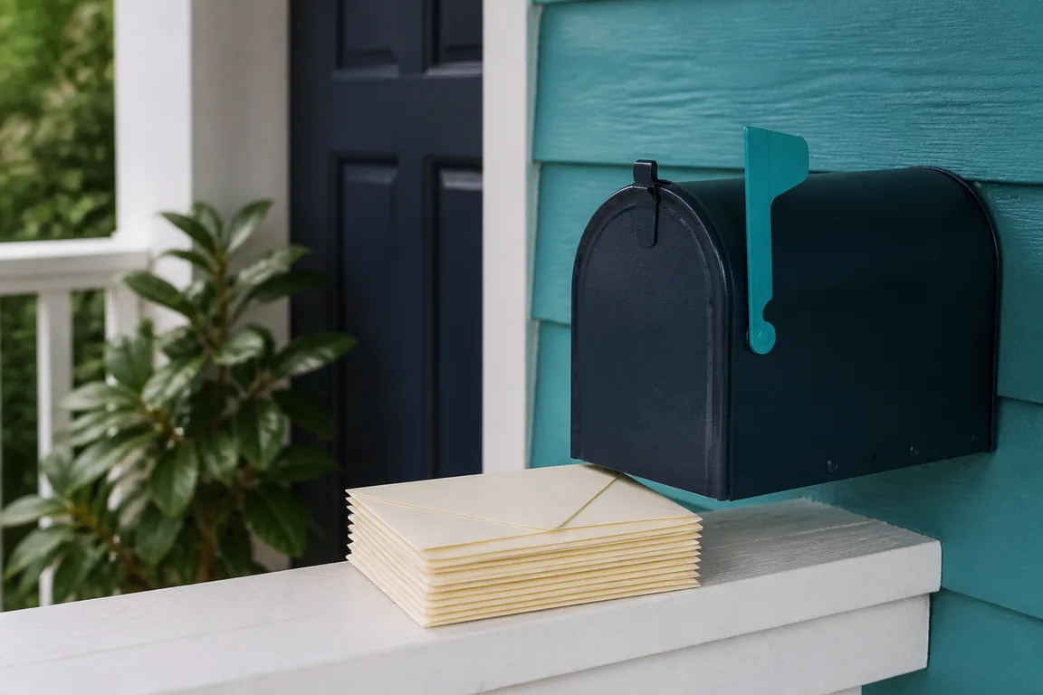 Unlabeled envelopes stacked on a front-porch mailbox