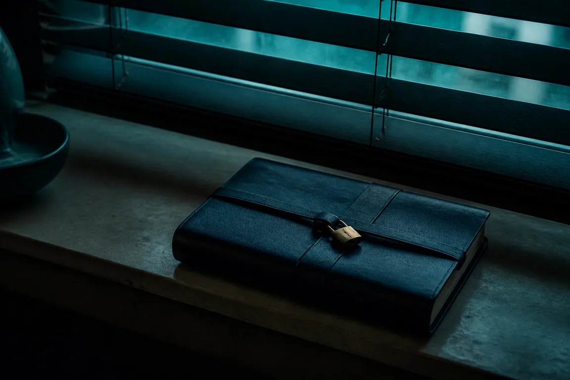 Locked navy journal on a dim windowsill