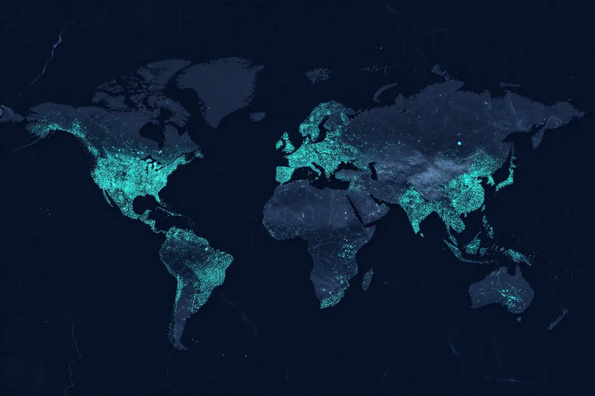 A world map with glowing circles over cities, representing aggregate city-level click counts derived from geolocation lookups. No individual visitor coordinates are stored.