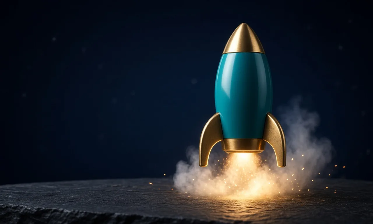 A teal and brass rocket lifting off from slate in a plume of smoke against a dark starry sky, representing the launch of Trnqify 1.5