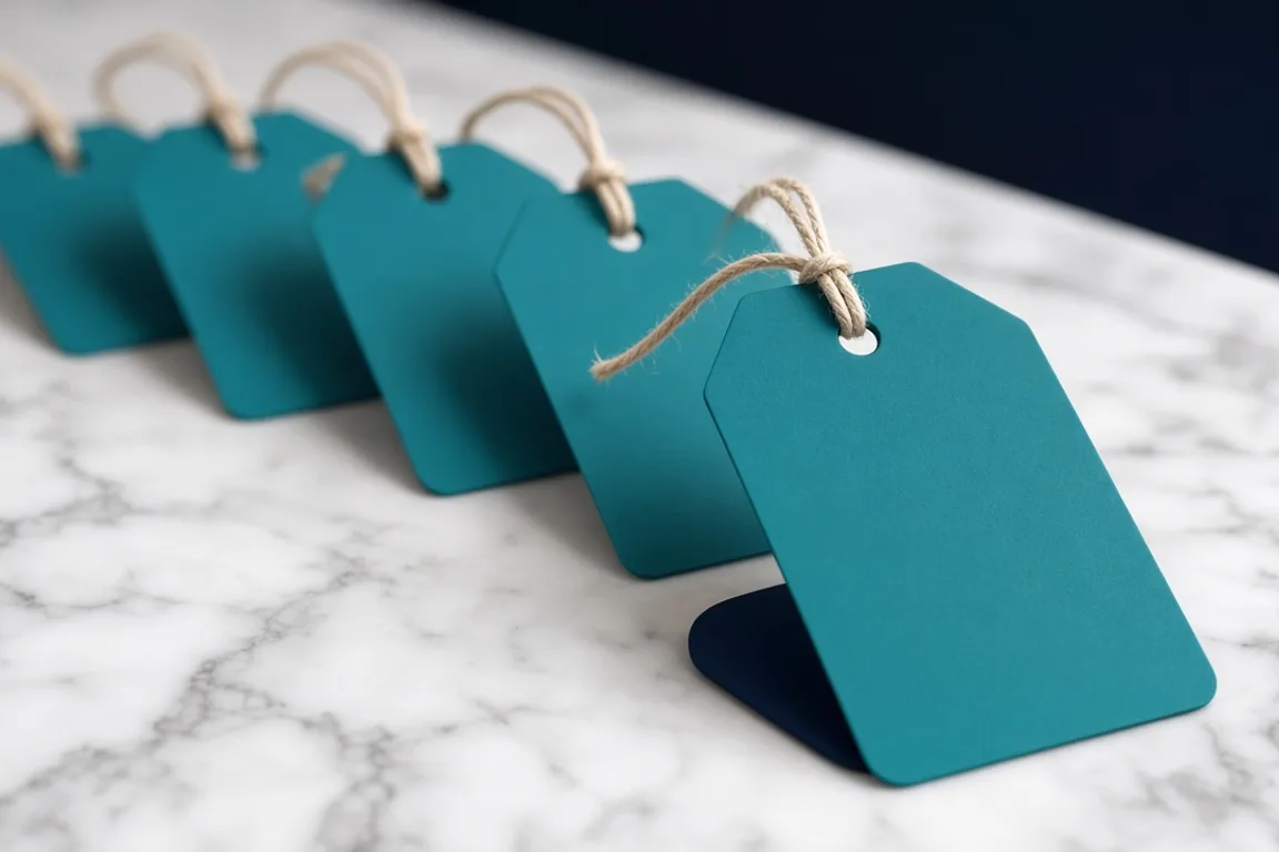 A row of blank teal luggage tags on marble with the front tag in focus, representing choosing your own custom slug for a short link