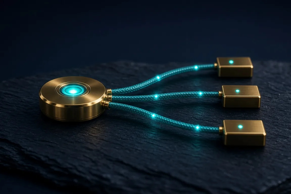 A brass hub sending pulses of teal light along three cables to three receiver boxes, representing one webhook event delivered to up to 3 endpoints