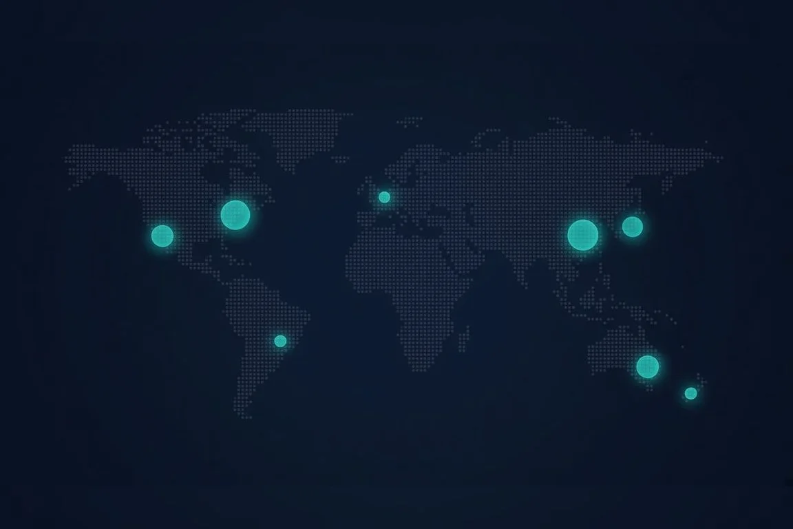 A dotted world map with glowing teal circles over a handful of cities, representing aggregate city-level click counts with no individual visitors